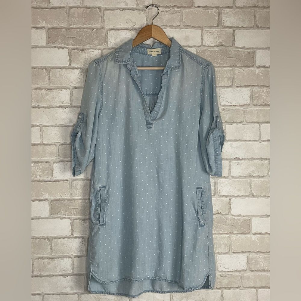 Cloth & Stone Soft Blue White Polka Dot Tencel Chambray Shirt Dress Size L